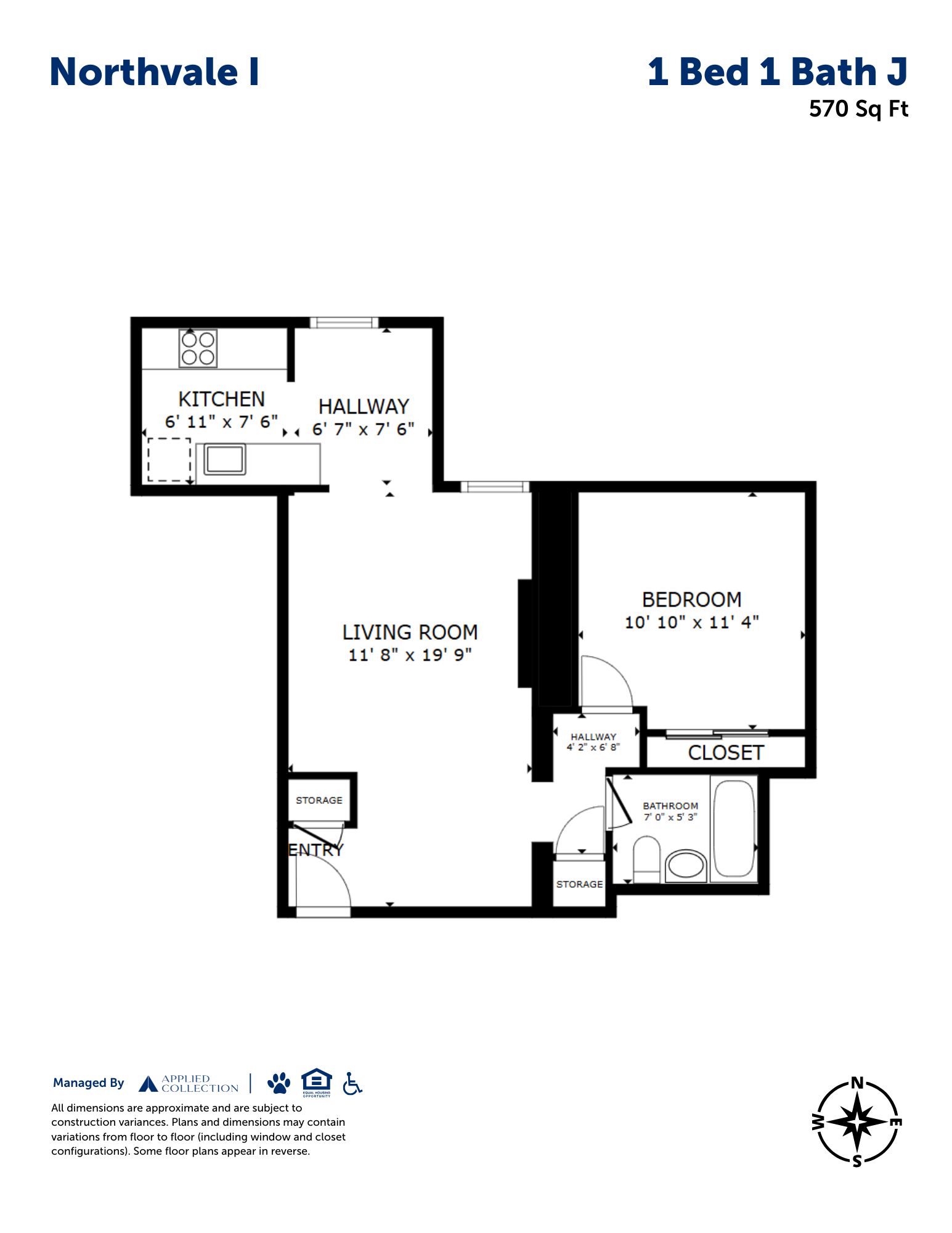 Floor plan for 1 bed, 1 bath, 570 sqft